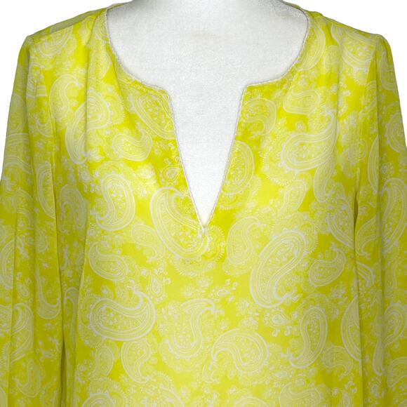Ann Taylor Lemon Yellow and White Paisley Sheer V-Neck Tunic Blouse Cover Up - Picture 2 of 8